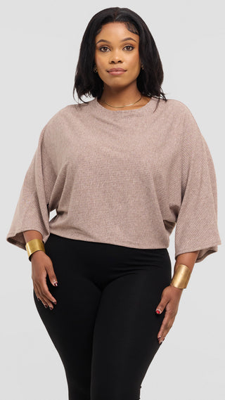 Safari by Vivo 3/4 Sleeve Sweater in Rib - Taupe
