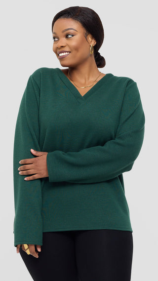 Shiv Shikie X Safari V-Neck Long Sleeve Sweatshirt in Rib - Dark Green