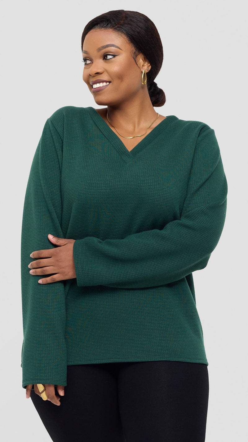 Shiv Shikie X Safari V-Neck Long Sleeve Sweatshirt in Rib - Dark Green