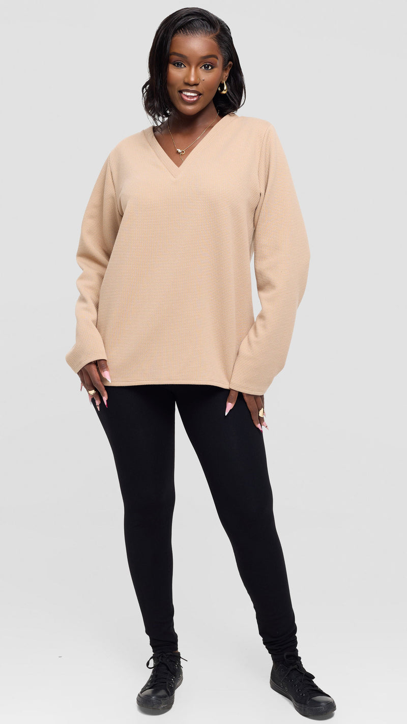 Shiv Shikie X Safari V-Neck Long Sleeve Sweatshirt in Rib - Light Taupe