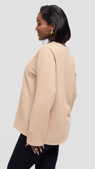 Shiv Shikie X Safari V-Neck Long Sleeve Sweatshirt in Rib - Light Taupe