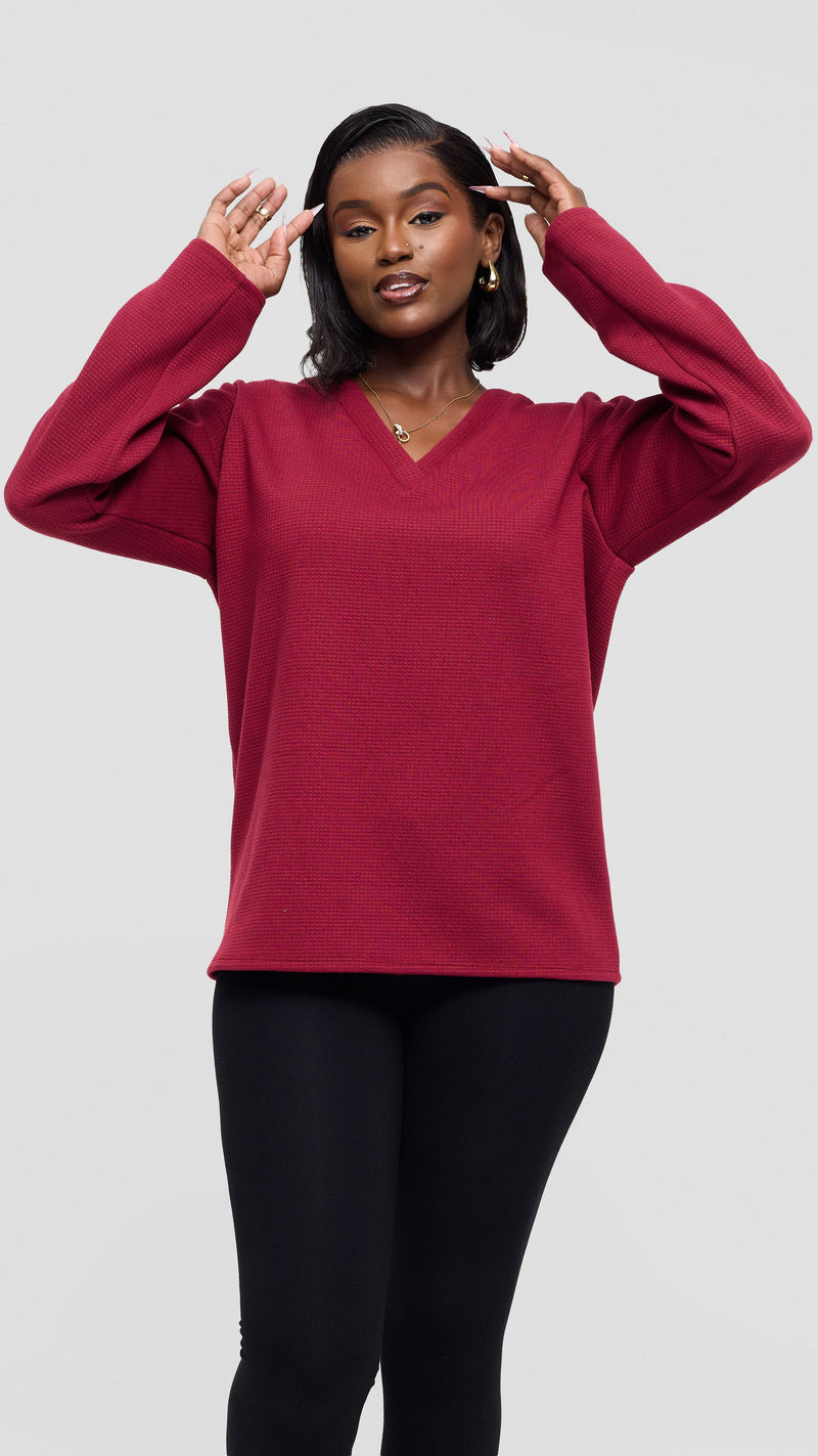 Shiv Shikie X Safari V-Neck Long Sleeve Sweatshirt in Rib - Mulberry