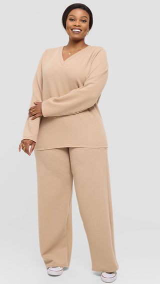 Shiv Shikie X Safari V-Neck Long Sleeve Sweatshirt in Rib - Light Taupe