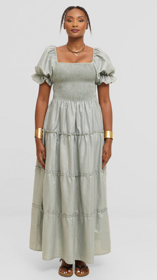 Safari by Vivo Shirred Top Maxi Dress in Kikoy Blend - Dusty Green