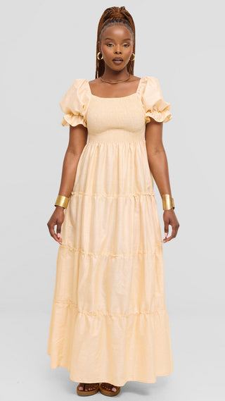 Safari by Vivo Shirred Top Maxi Dress in Kikoy Blend - Cream