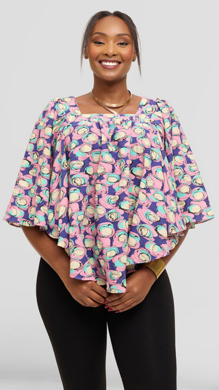 Safari by Vivo Butterfly Top in Cotton - Pink / Sea Green Abstract Print