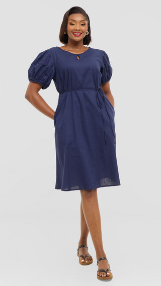 Safari by Vivo Bubble Sleeve Tent Dress in Linen Blend - Navy