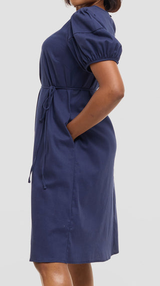 Safari by Vivo Bubble Sleeve Tent Dress in Linen Blend - Navy