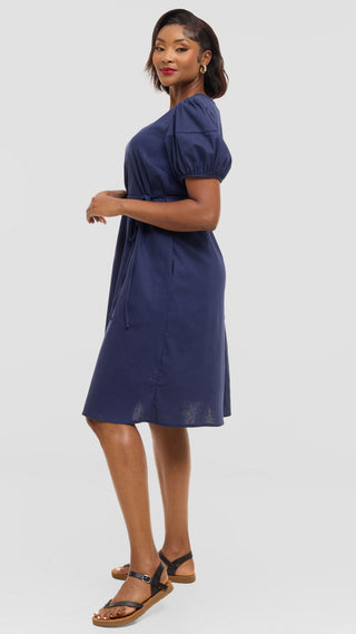 Safari by Vivo Bubble Sleeve Tent Dress in Linen Blend - Navy