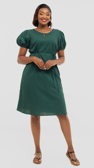 Safari by Vivo Bubble Sleeve Tent Dress in Linen - Dark Green