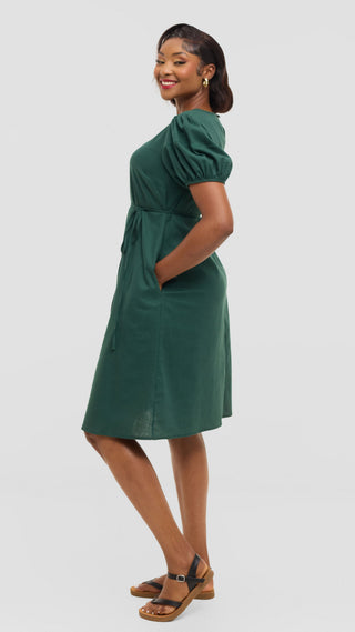 Safari by Vivo Bubble Sleeve Tent Dress in Linen - Dark Green