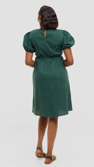 Safari by Vivo Bubble Sleeve Tent Dress in Linen - Dark Green