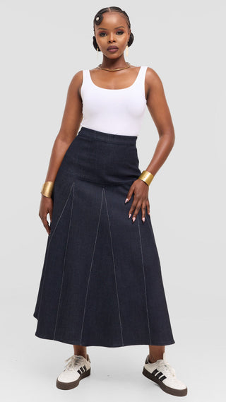 Safari by Vivo Godet Contrast Stitch Midi Skirt in Denim - Navy
