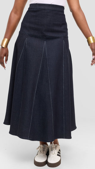Safari by Vivo Godet Contrast Stitch Midi Skirt in Denim - Navy