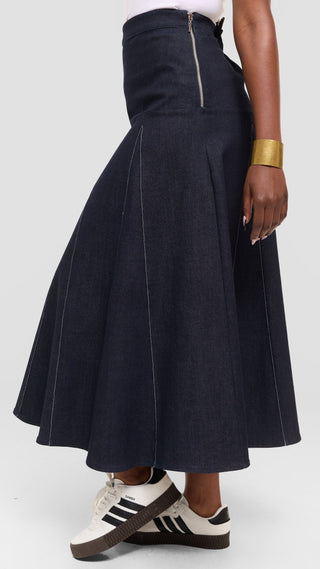Safari by Vivo Godet Contrast Stitch Midi Skirt in Denim - Navy