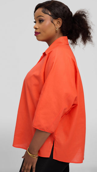 Safari by Vivo Back Pleat Loose Top in Linen Blend - Orange