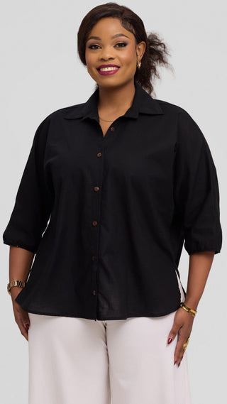 Safari by Vivo Back Pleat Loose Top in Linen Blend - Black