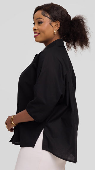 Safari by Vivo Back Pleat Loose Top in Linen Blend - Black