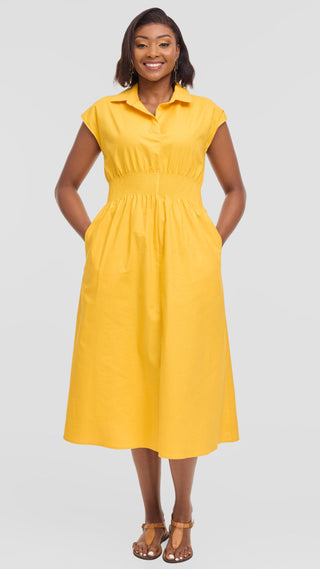 Safari by Vivo Shirred Waist Midi Dress in Cotton - Mustard