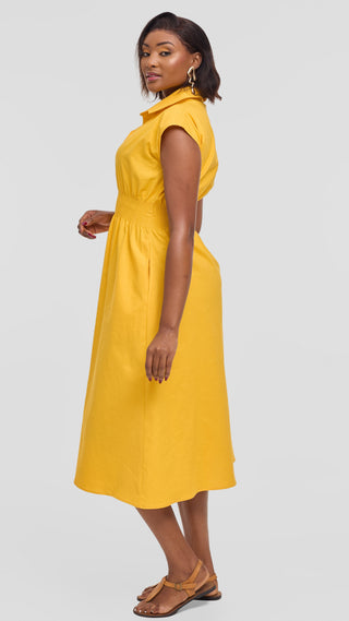 Safari by Vivo Shirred Waist Midi Dress in Cotton - Mustard
