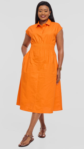 Safari by Vivo Shirred Waist Midi Dress in Cotton - Orange