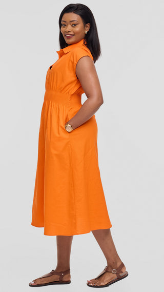 Safari by Vivo Shirred Waist Midi Dress in Cotton - Orange