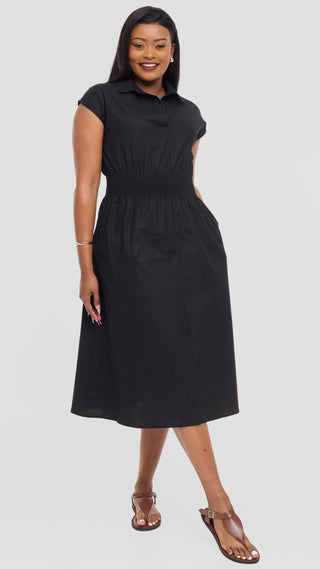 Safari by Vivo Shirred Waist Midi Dress in Cotton - Black