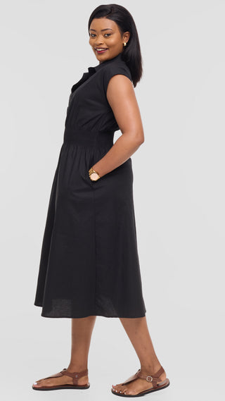 Safari by Vivo Shirred Waist Midi Dress in Cotton - Black