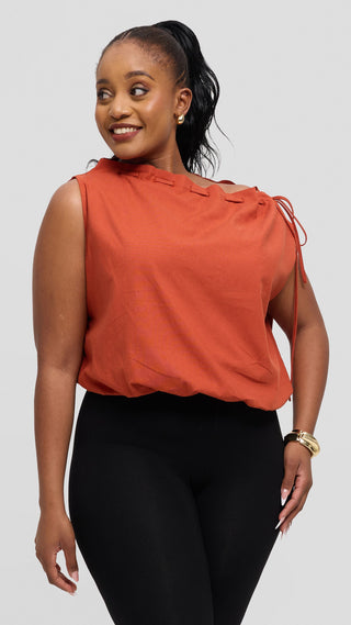 Safari by Vivo Drawstring Neck Top in Linen Blend - Rust