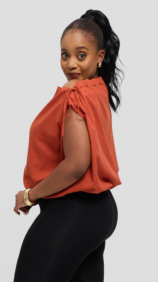 Safari by Vivo Drawstring Neck Top in Linen Blend - Rust