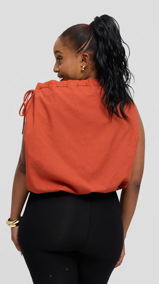 Safari by Vivo Drawstring Neck Top in Linen Blend - Rust