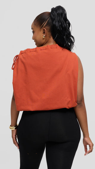 Safari by Vivo Drawstring Neck Top in Linen Blend - Rust