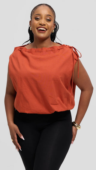 Safari by Vivo Drawstring Neck Top in Linen Blend - Rust