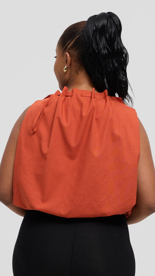Safari by Vivo Drawstring Neck Top in Linen Blend - Rust