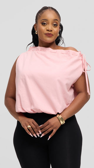 Safari by Vivo Drawstring Neck Top in Linen Blend - Baby Pink