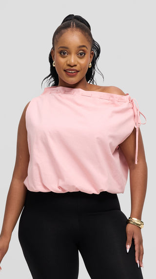 Safari by Vivo Drawstring Neck Top in Linen Blend - Baby Pink