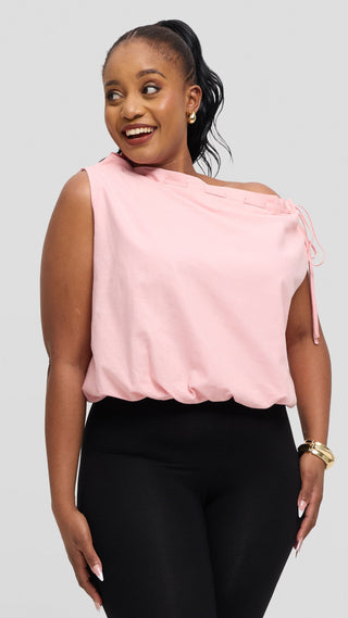 Safari by Vivo Drawstring Neck Top in Linen Blend - Baby Pink