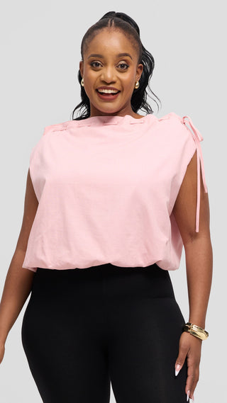 Safari by Vivo Drawstring Neck Top in Linen Blend - Baby Pink