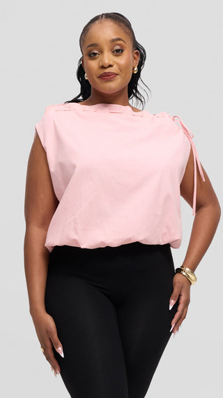 Safari by Vivo Drawstring Neck Top in Linen Blend - Baby Pink