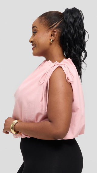 Safari by Vivo Drawstring Neck Top in Linen Blend - Baby Pink