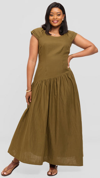 Safari by Vivo Drop Waist Waist Maxi Dress in Cotton - Hunters