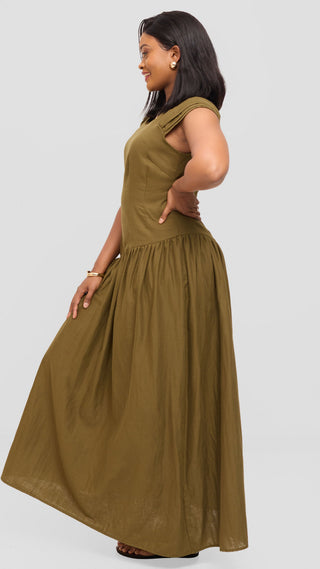 Safari by Vivo Drop Waist Waist Maxi Dress in Cotton - Hunters