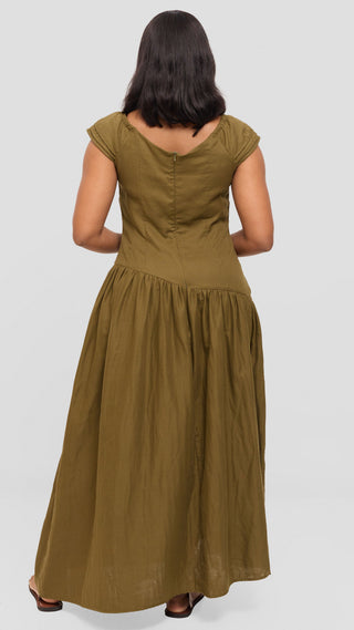 Safari by Vivo Drop Waist Waist Maxi Dress in Cotton - Hunters
