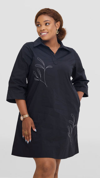 Safari Mansi Wide Hem Embroidered Tent Dress -  Black
