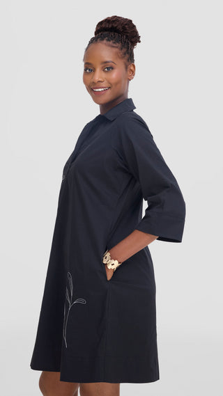 Safari Mansi Wide Hem Embroidered Tent Dress -  Black