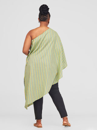 Safari Haya 0ne Shoulder Asymmetrical Side Tie Top - Dark Green Kiki Print - Shopzetu