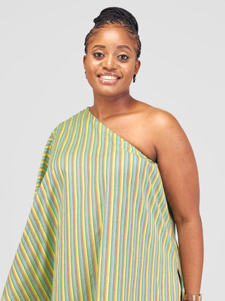 Safari Haya 0ne Shoulder Asymmetrical Side Tie Top - Dark Green Kiki Print - Shopzetu