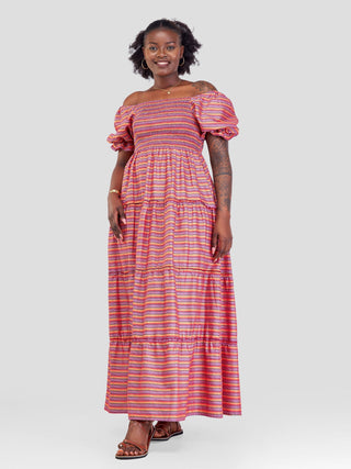 Safari Kikoy Shirred Top Maxi Dress - Red Print