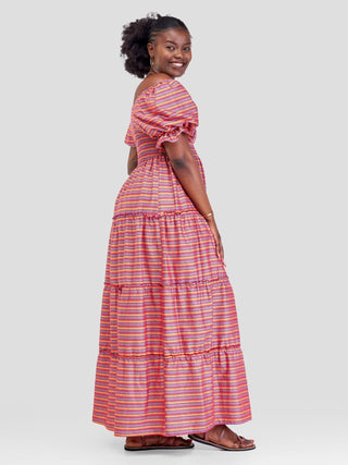 Safari Kikoy Shirred Top Maxi Dress - Red Print - Shopzetu