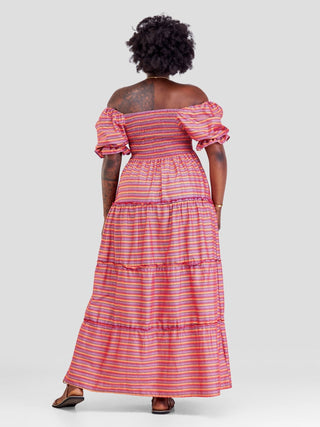 Safari Kikoy Shirred Top Maxi Dress - Red Print - Shopzetu